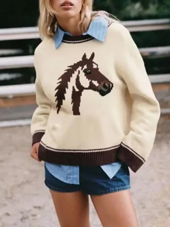 Sweaters - Western Vintage Horse Graphic Knit Sweater in Cream